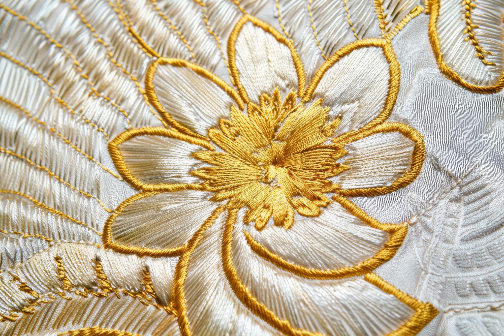 Close-up floral gold-thread embroidery