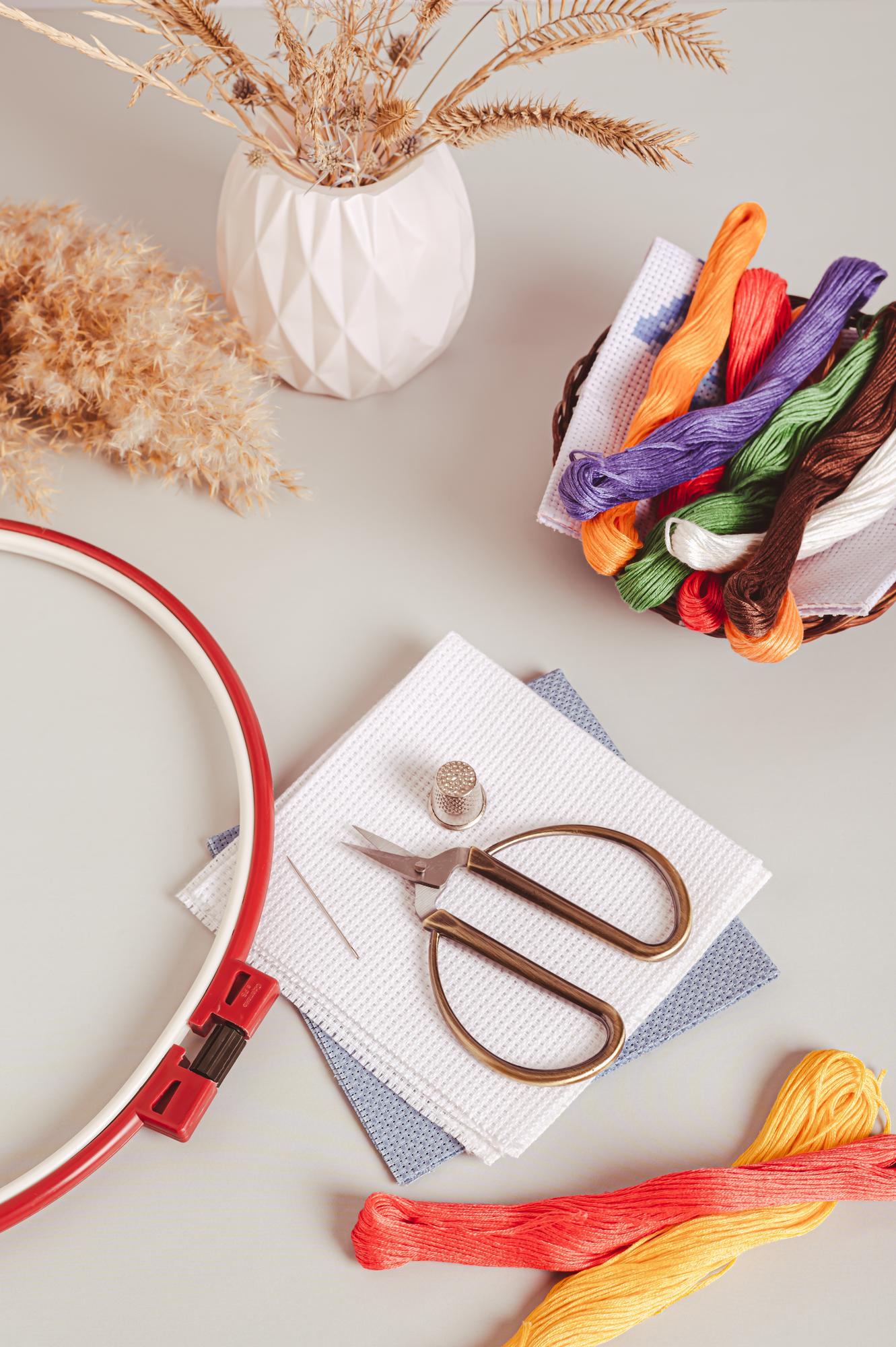Studio workspace with hoop and threads